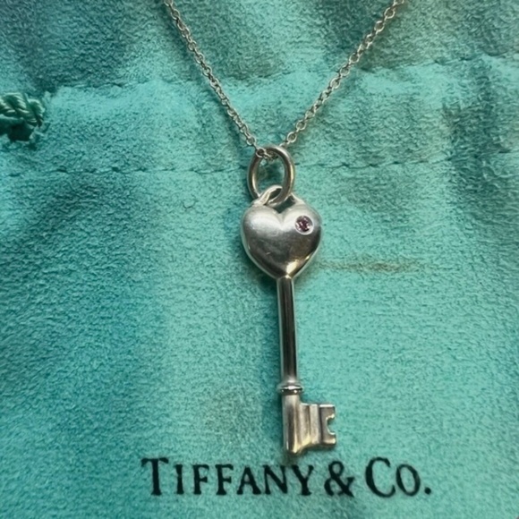 Tiffany & Co Jewelry - Tiffany & Co. Sterling Silver Pink Sapphire Heart Key Pendant 28MM Necklace